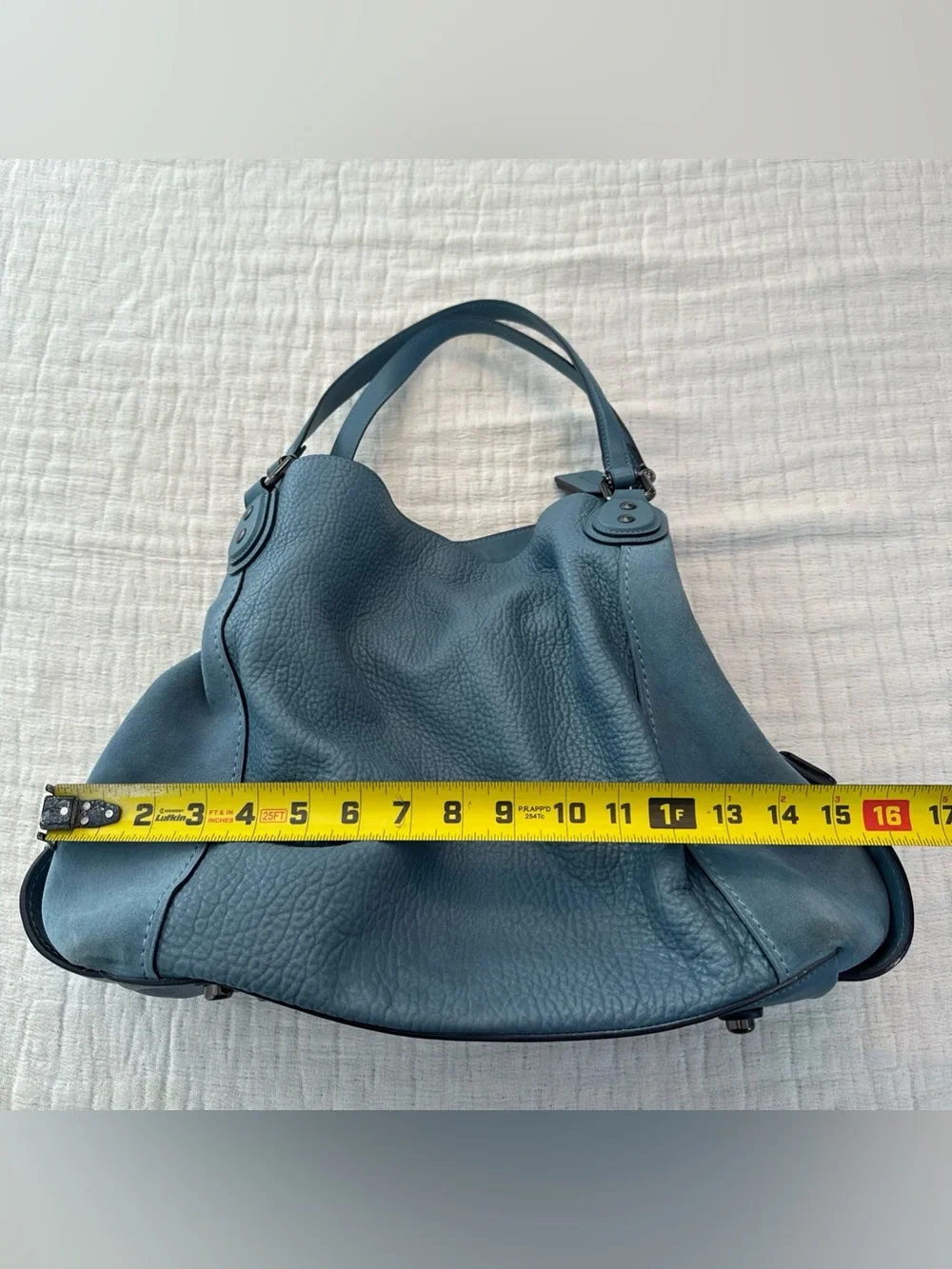 Coach Edie 42 Buffalo-Embossed Mixed Leathers Blue Large Shoulder Bag